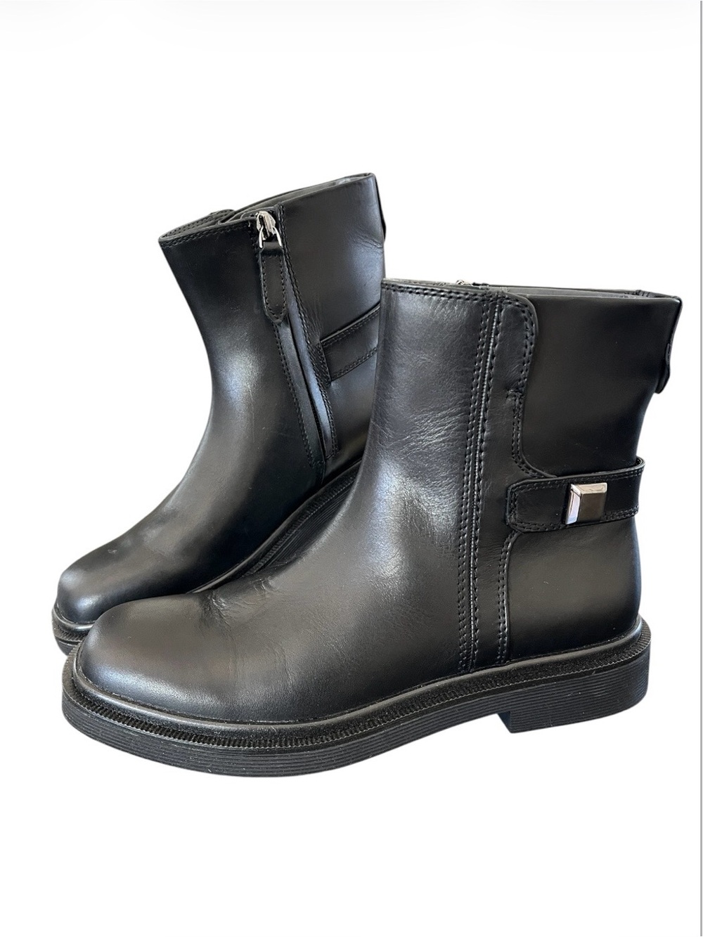 Franco Sarto Axel Black Leather Block Heel Moto Boot Side Zip Womens 6.5